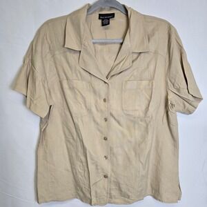 Bay Studio 100% Silk Short Sleeve Button-Down Shirt,‎ Beige, Neutral, Large